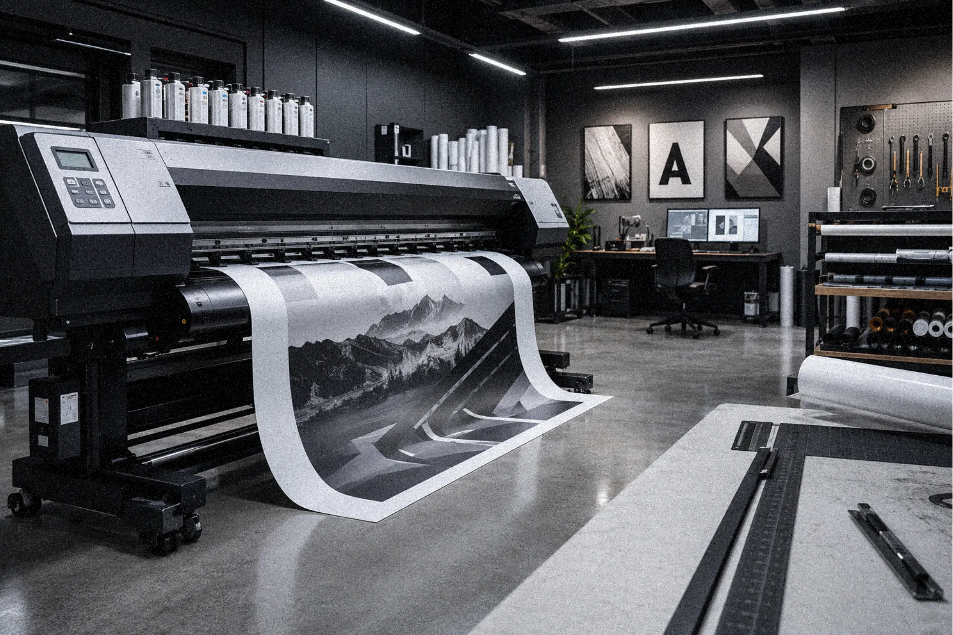 Máquina de impresión trabajando en un taller gráfico